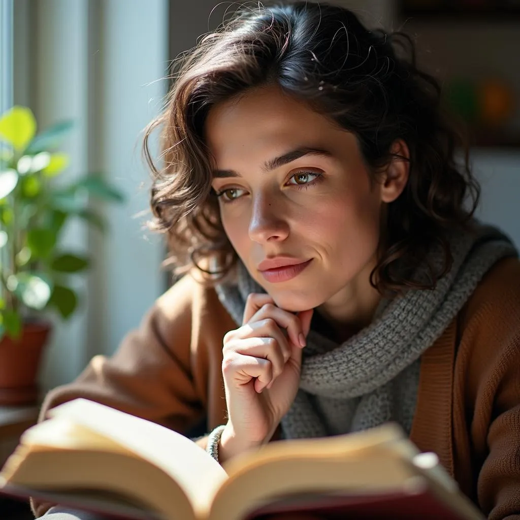 Woman reflecting on a book