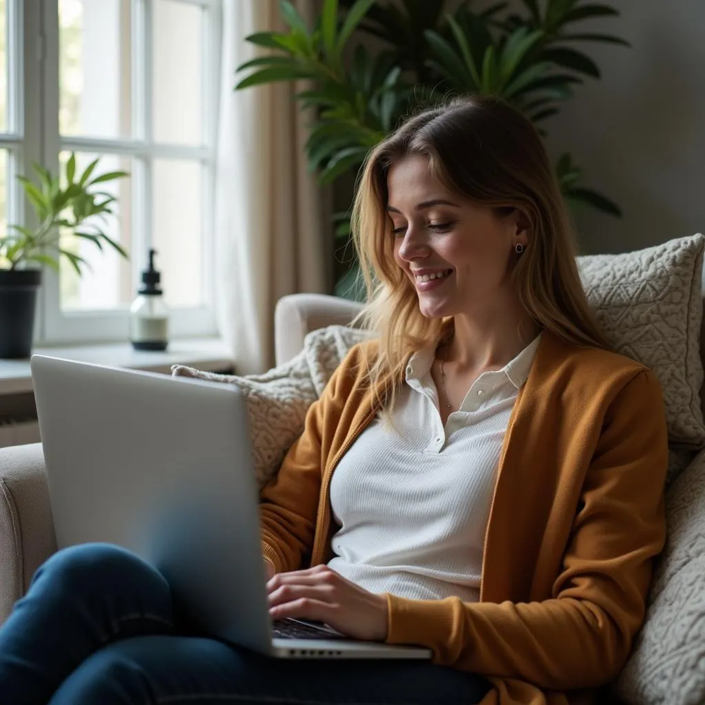 Woman working on laptop while sitting on a couch