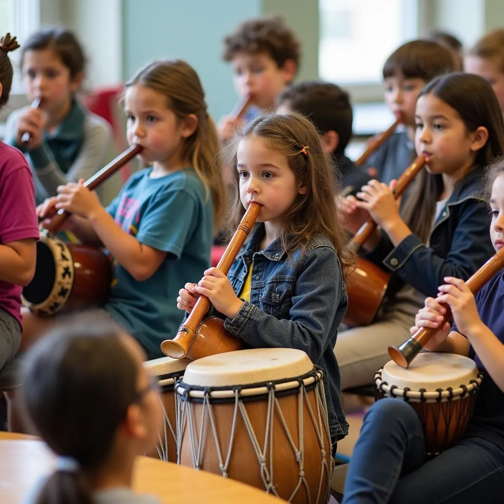 Students playing various world music instruments in a classroom