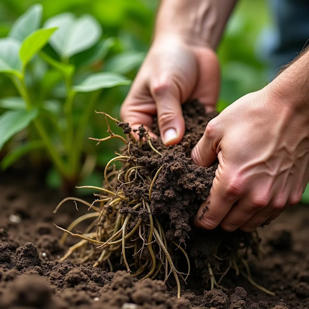 Yanking a weed from a garden to illustrate IELTS vocabulary