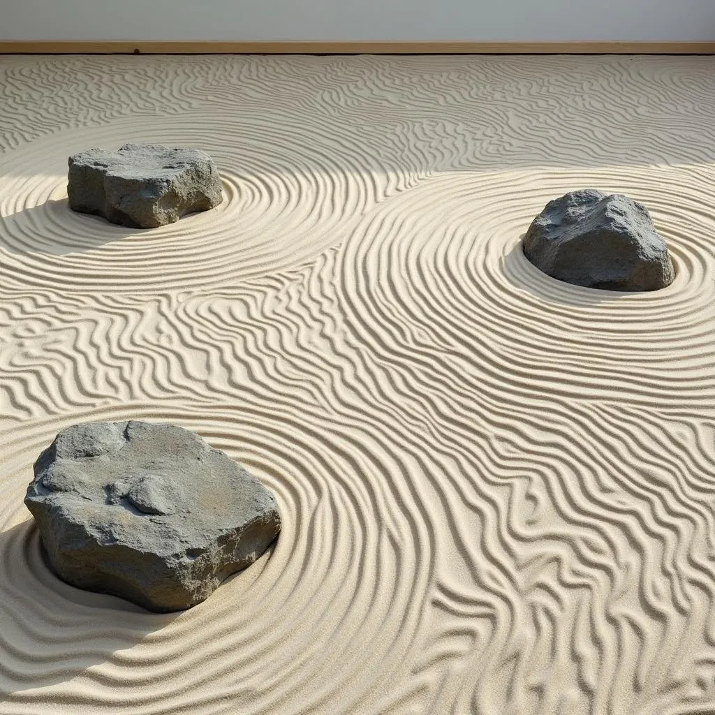 Zen garden with raked sand patterns