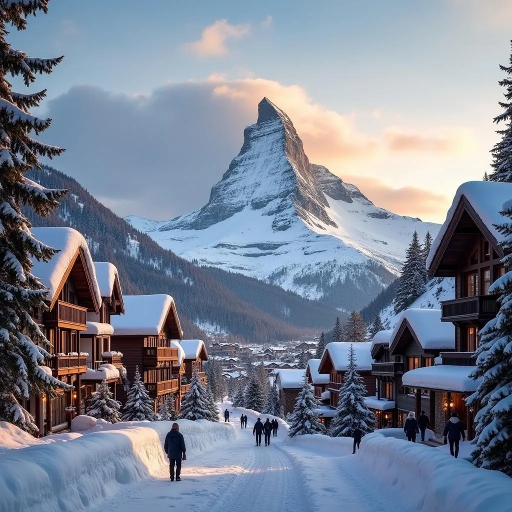 Picturesque winter scene of Zermatt village with Matterhorn in background