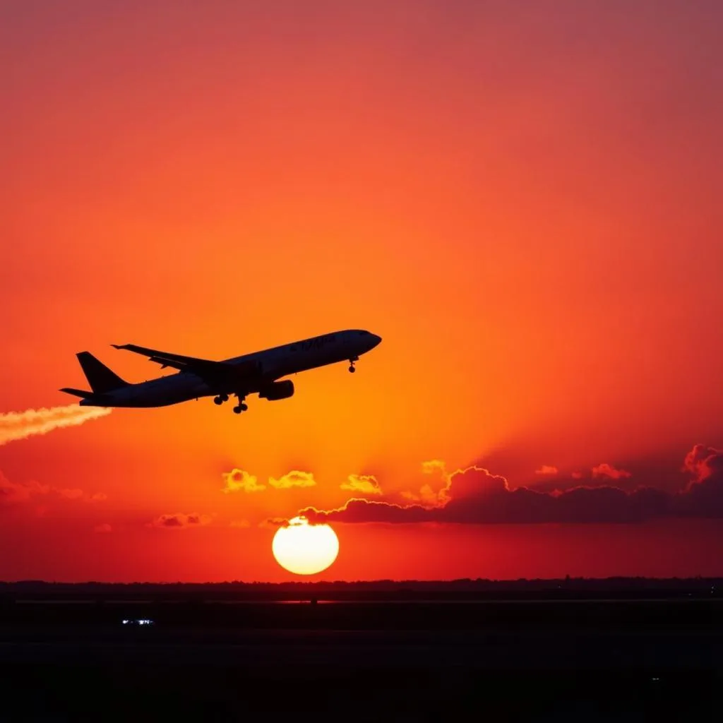 Airplane taking off against a sunset sky