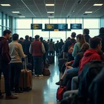 Crowded airport terminal during a flight delay