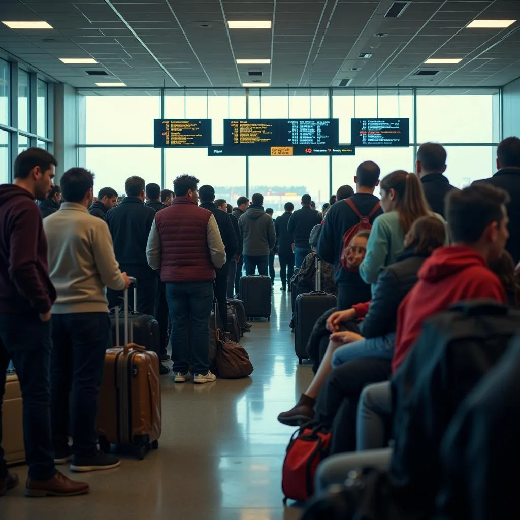 Crowded airport terminal during a flight delay