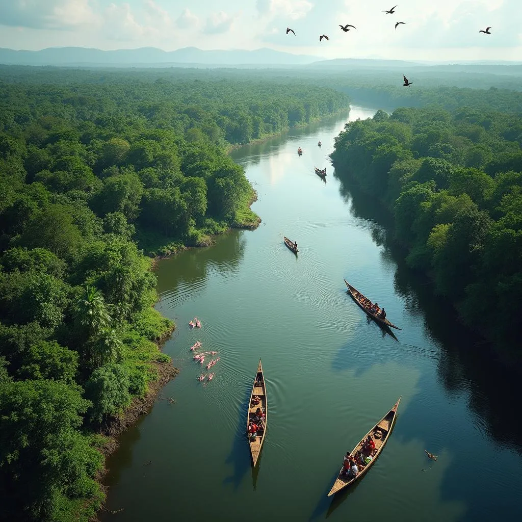 Amazon River surrounded by lush rainforest and diverse wildlife