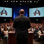 Anxious speaker delivering presentation to large audience