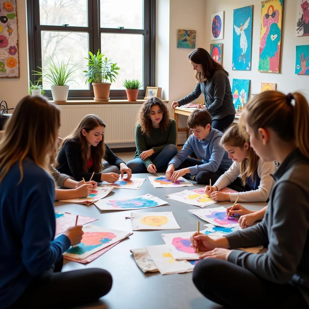 Diverse group of students engaged in art therapy session