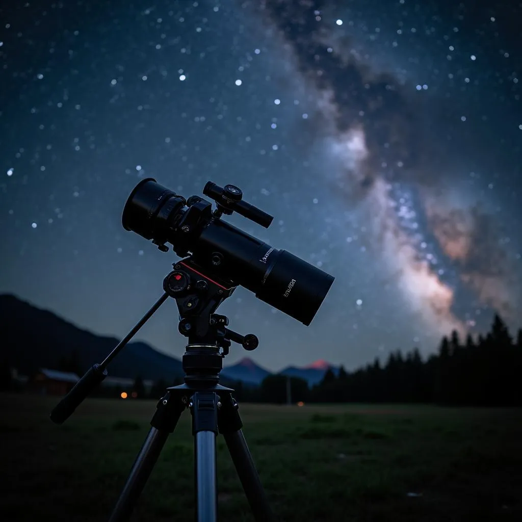 Astrophotography equipment setup under a starry night sky