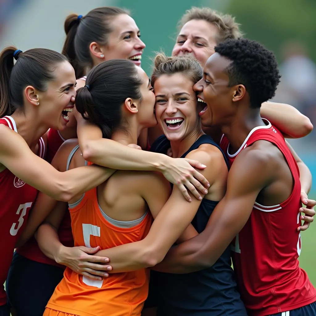 Athletes celebrating a victory together