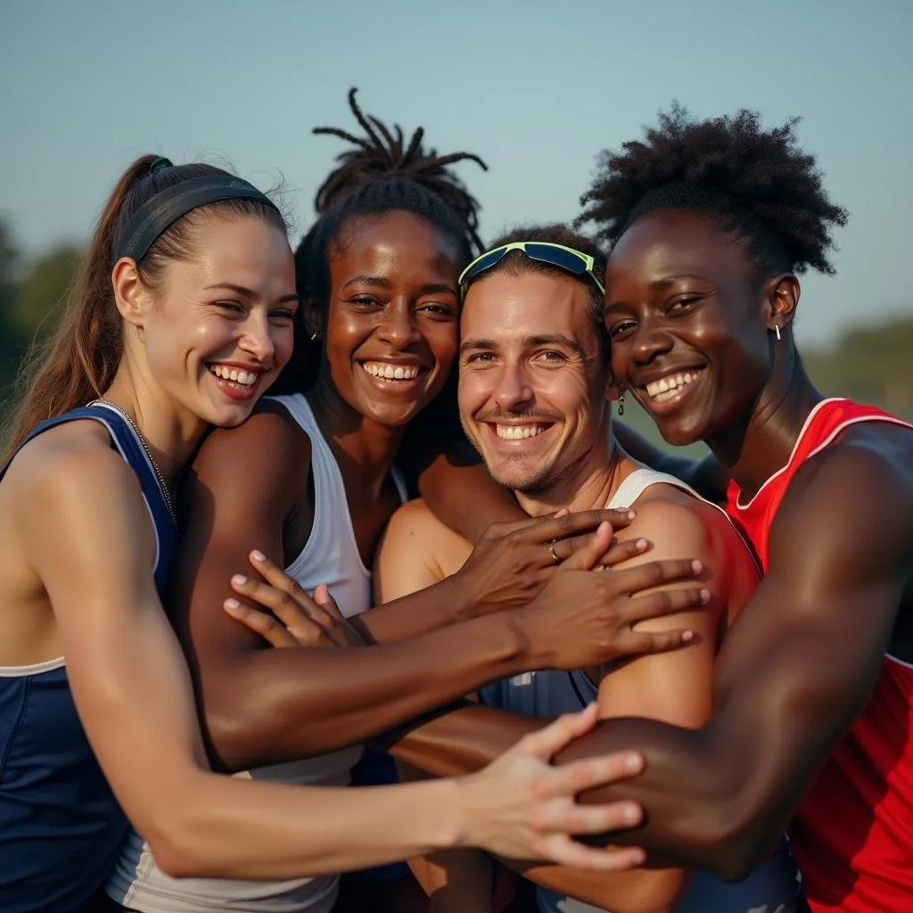 Athletes celebrating victory and demonstrating teamwork