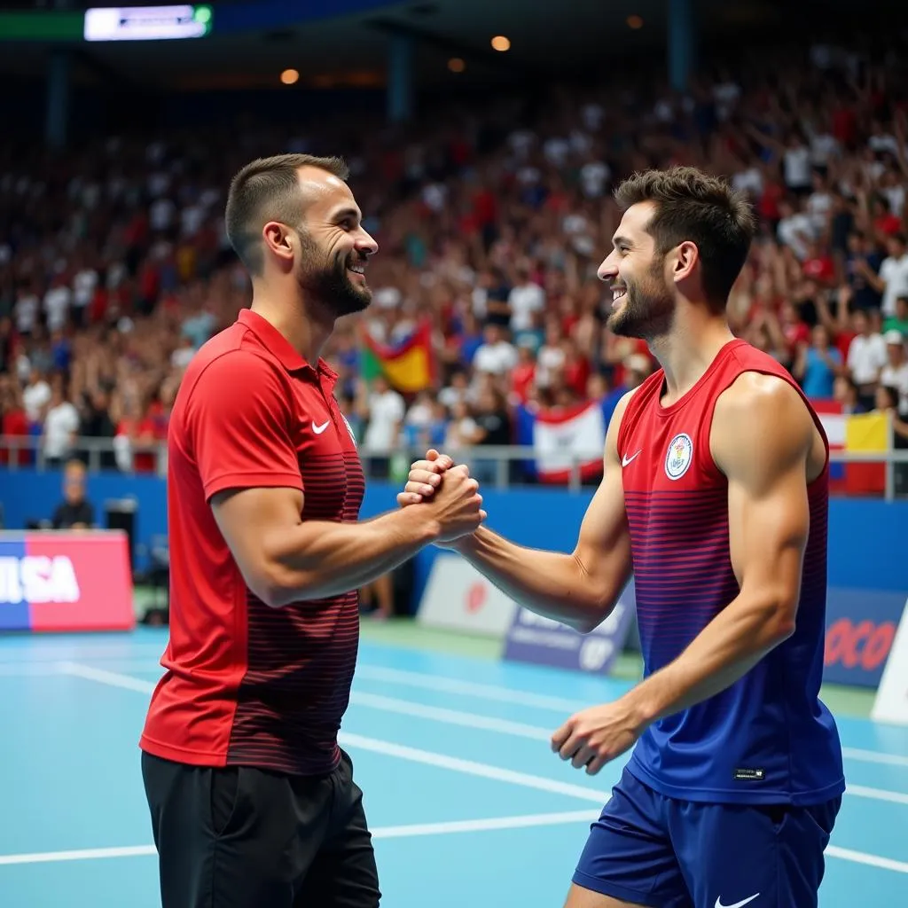 Athletes from different countries shaking hands after a match