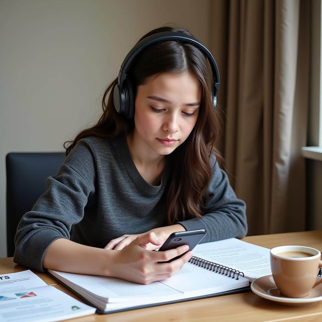 Student practicing IELTS listening with audiobooks