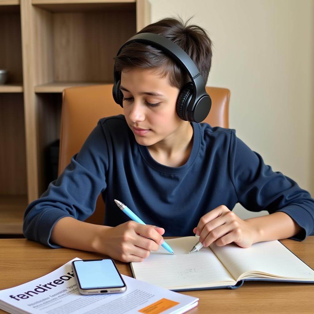 Student using audiobooks for IELTS listening practice