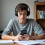 Man using headphones for audiobook listening practice