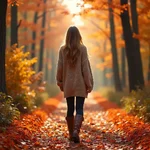 A person walking through an autumn forest with fallen leaves