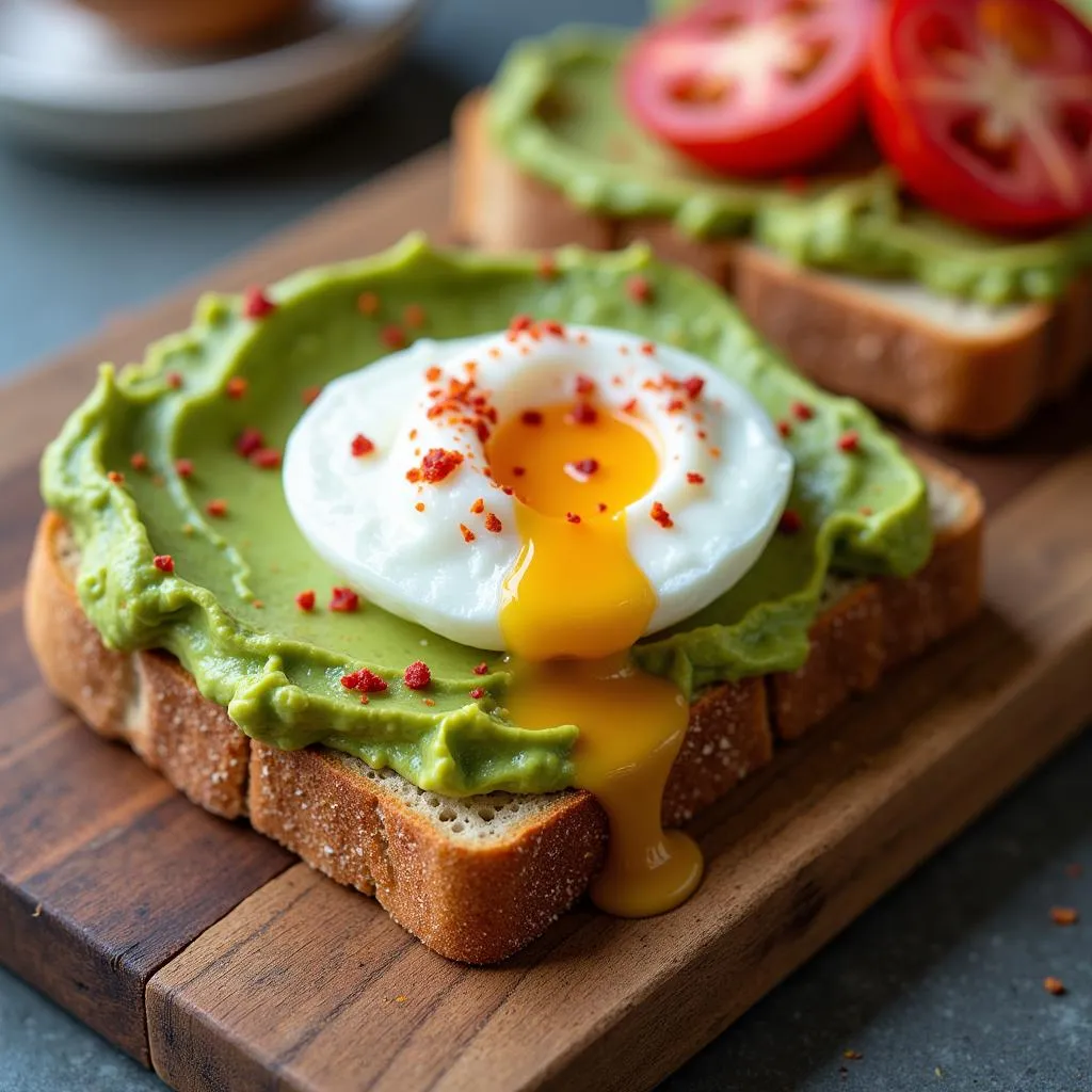 Avocado toast on a rustic wooden board