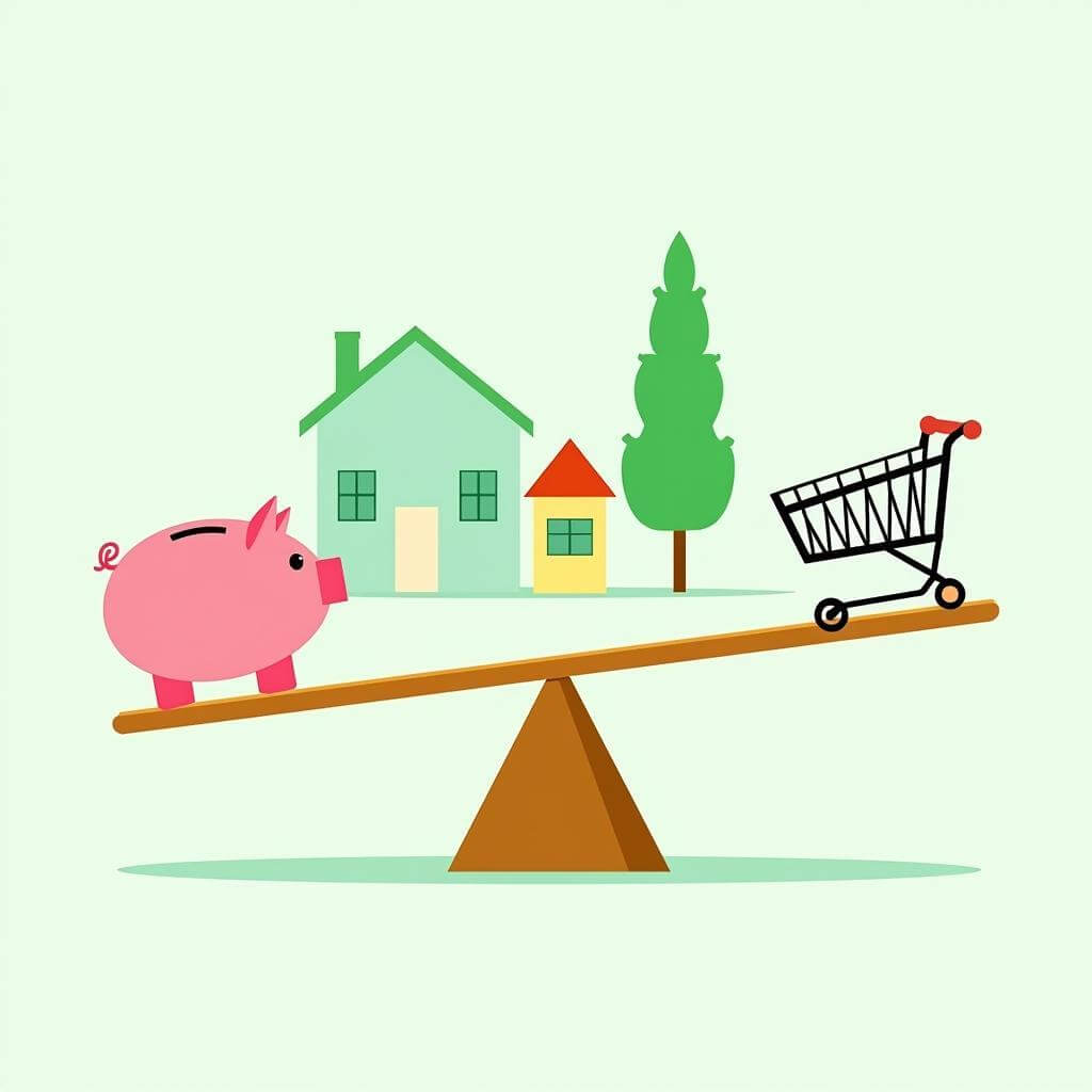 A piggy bank and a shopping cart on a seesaw