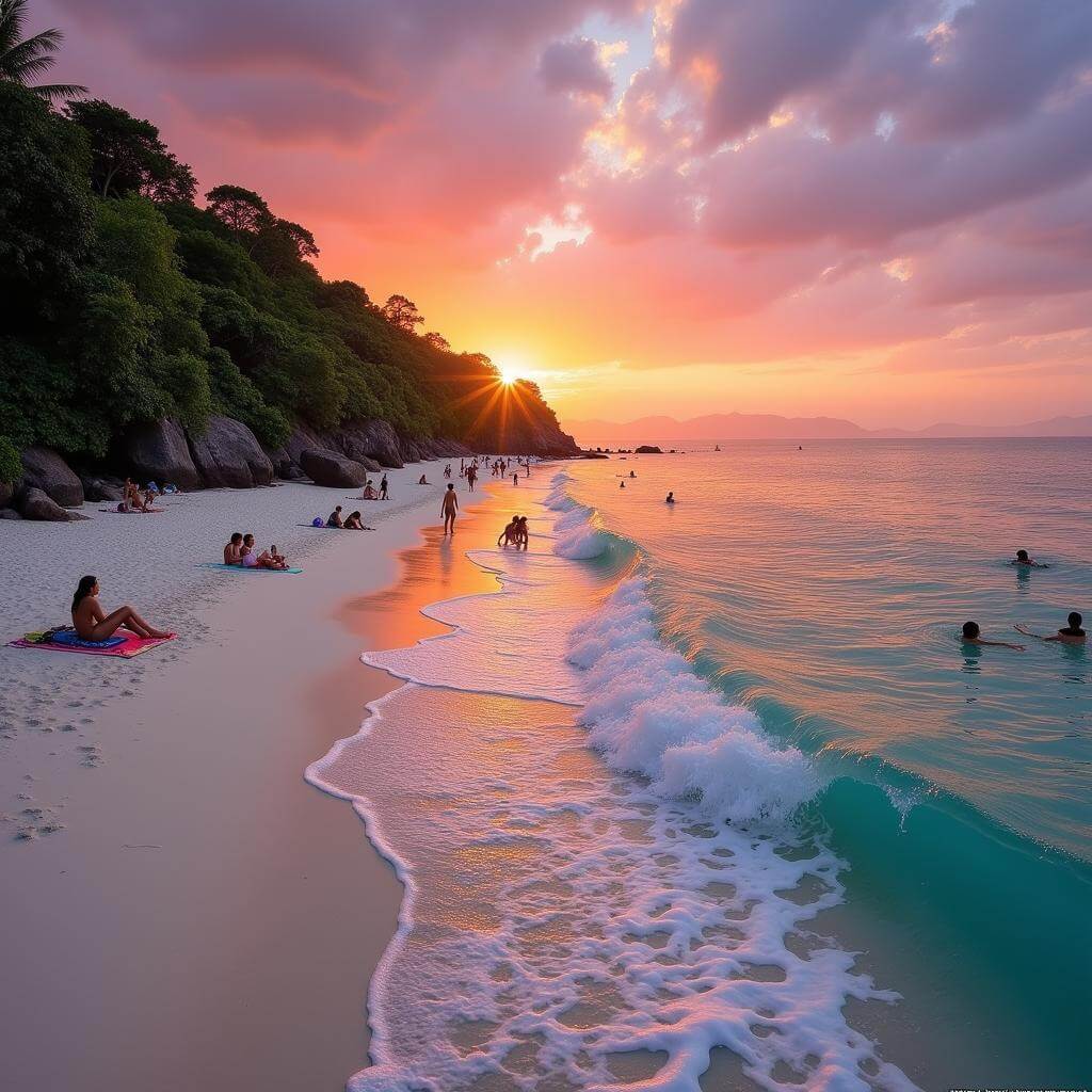 Tourists enjoying sunset on a Bali beach