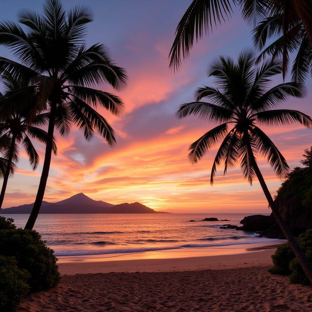 Beautiful sunset over a Bali beach with palm trees