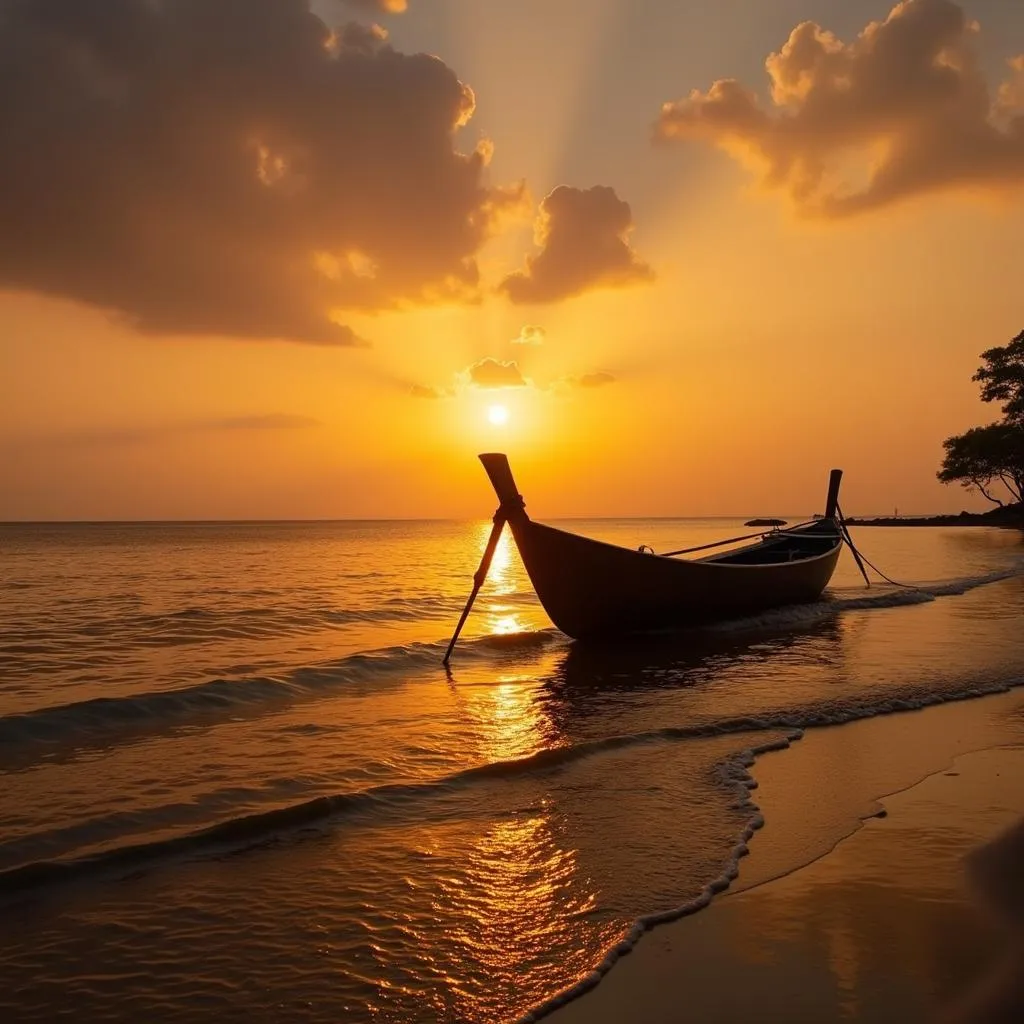 Beautiful Bali beach sunset with traditional boat