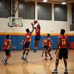 Basketball court with players in action