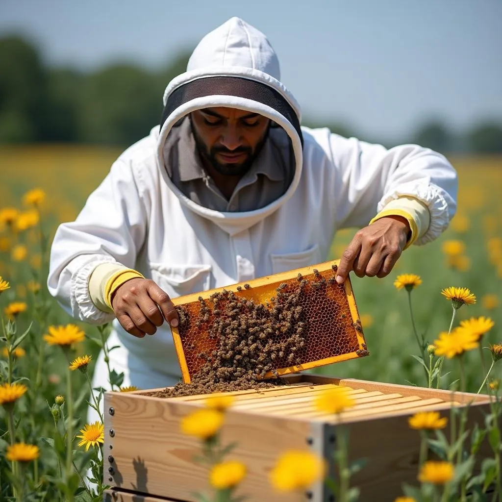 Beekeeper tending to beehives in protective gear