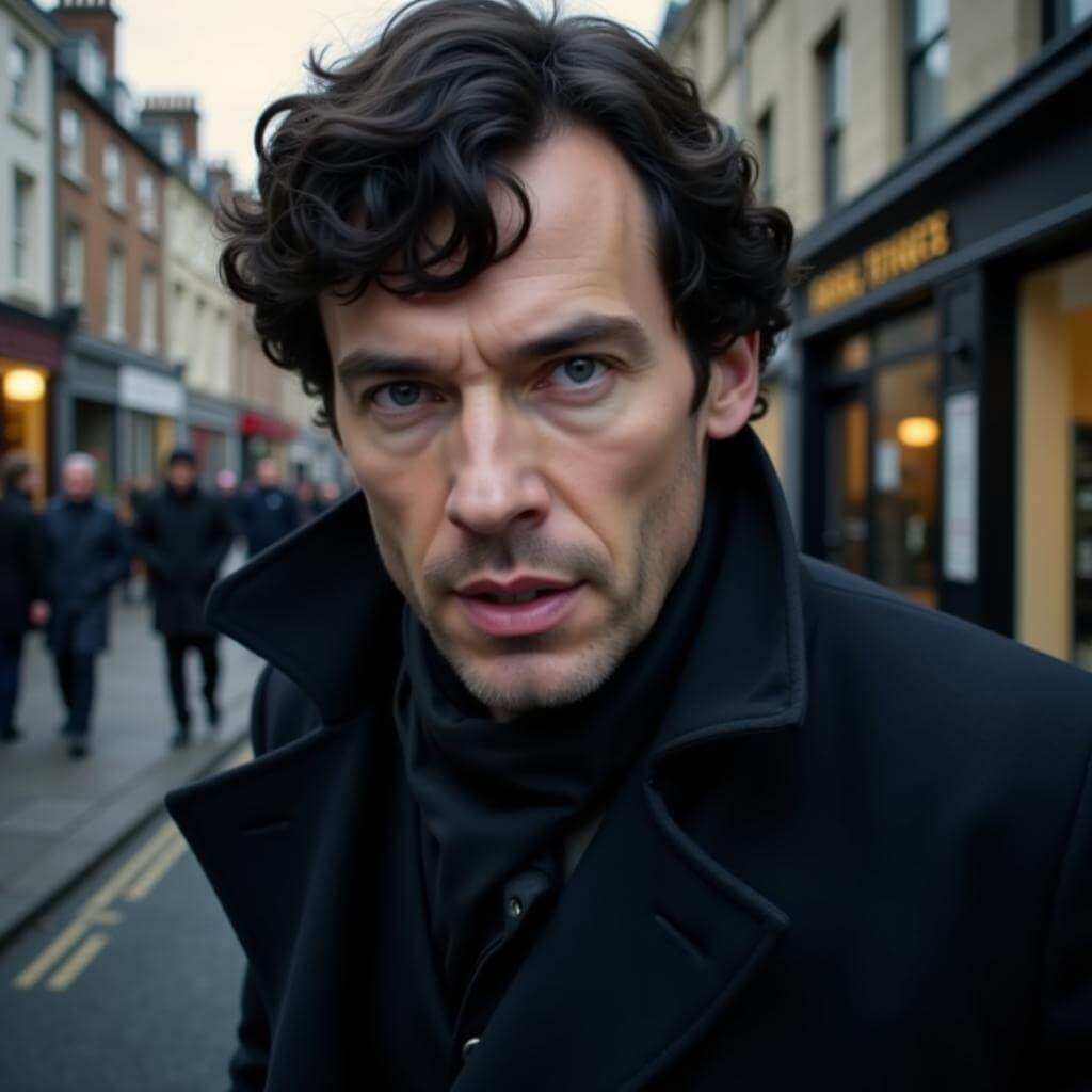 Benedict Cumberbatch portraying Sherlock Holmes