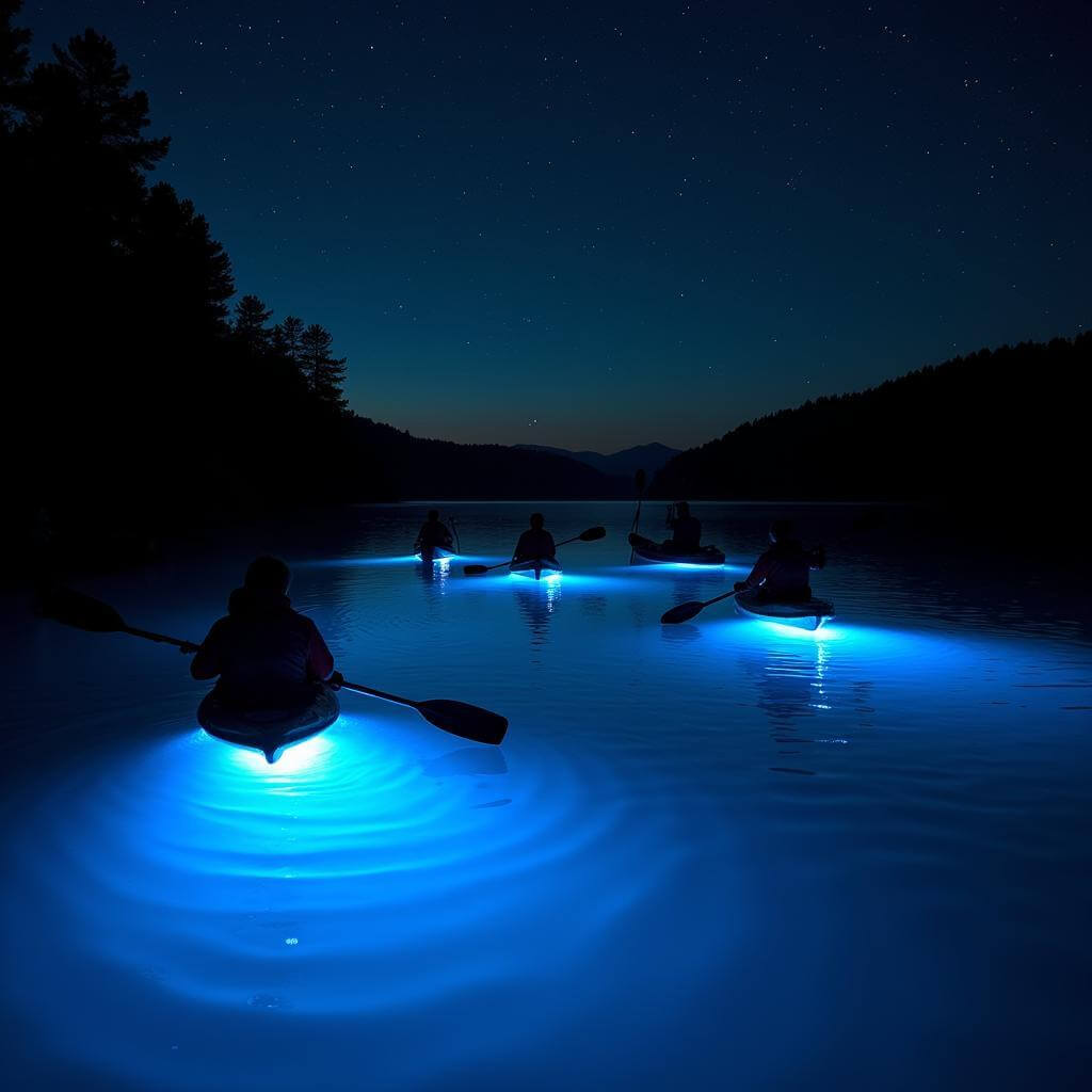 Bioluminescent kayaking experience at night