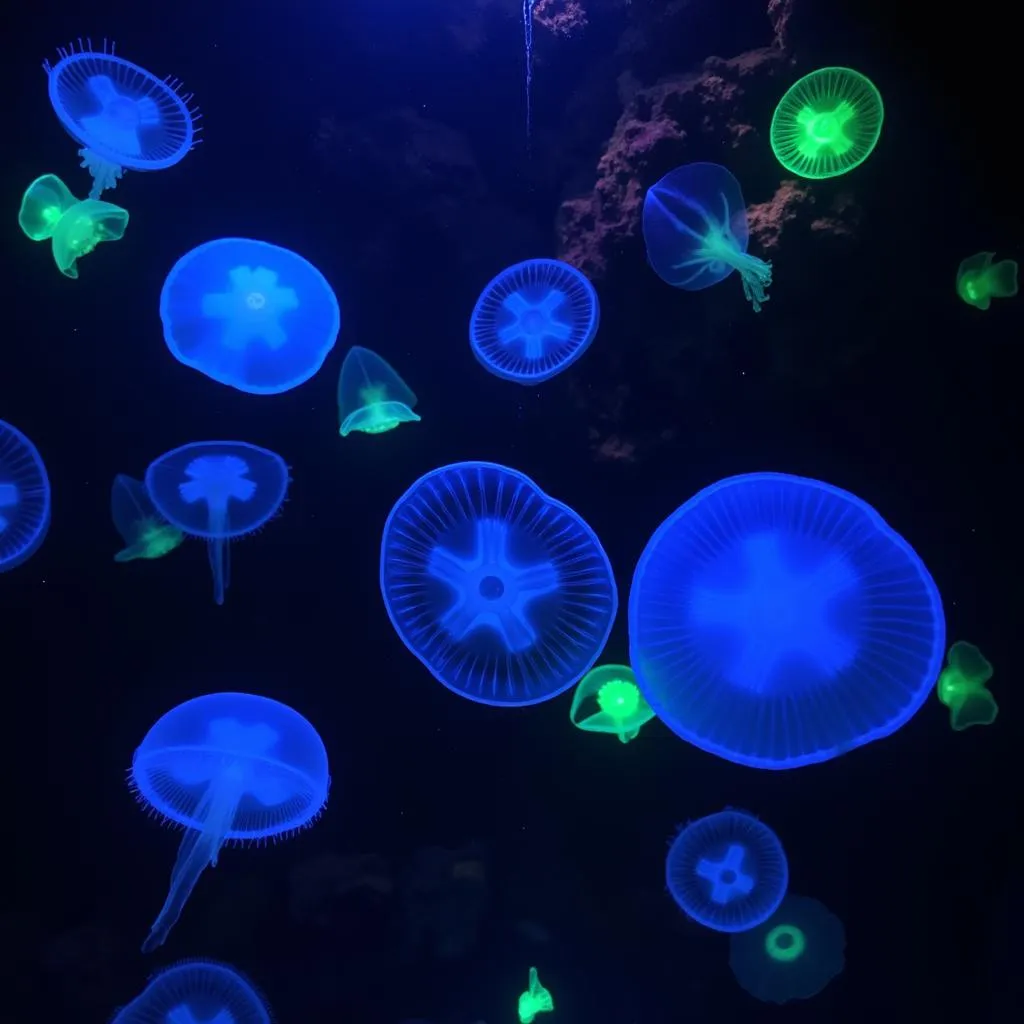 Bioluminescent marine life in deep sea