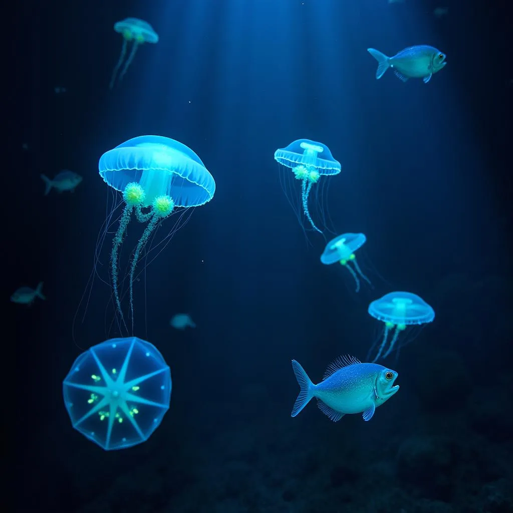 Bioluminescent marine organisms glowing in dark ocean