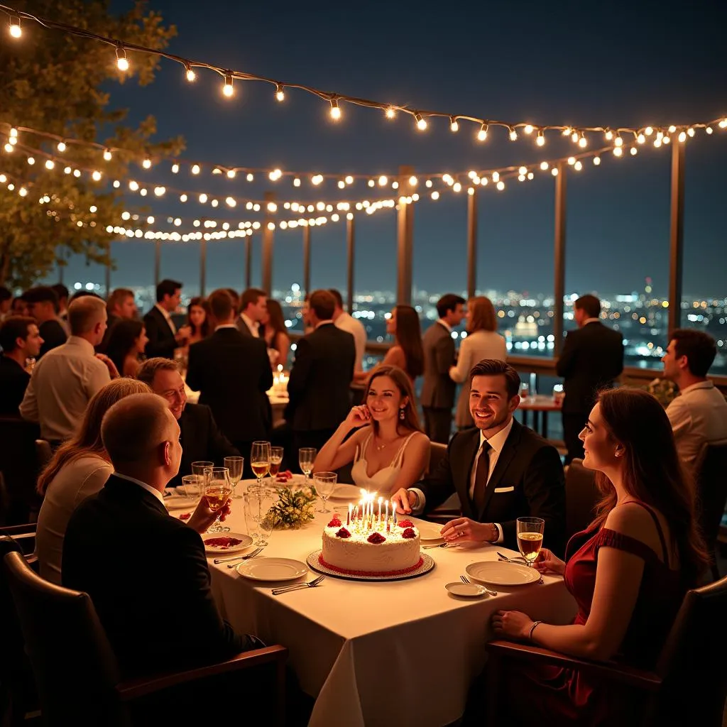 A sophisticated 30th birthday celebration at a rooftop restaurant