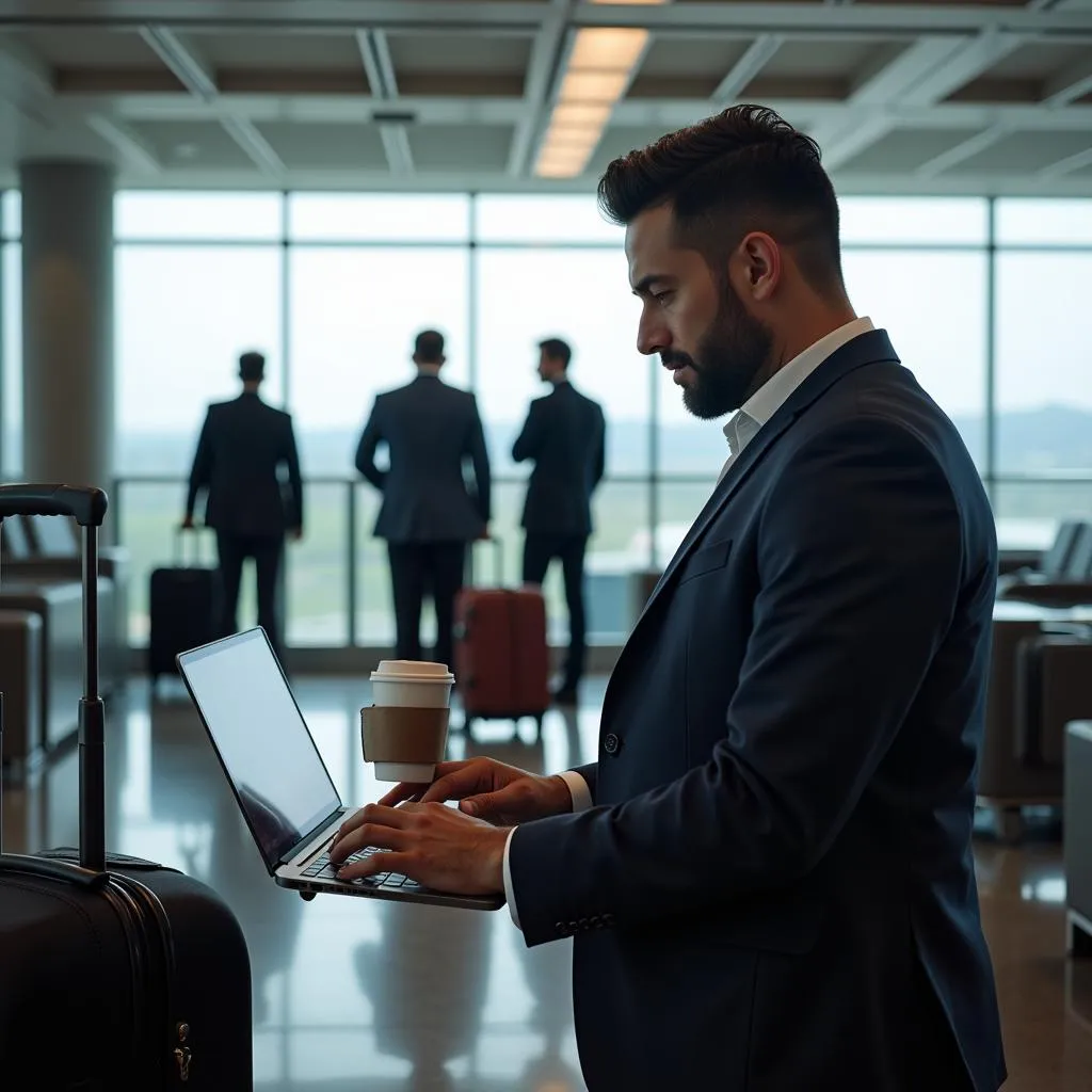 Businessman working in an airport lounge during a delay