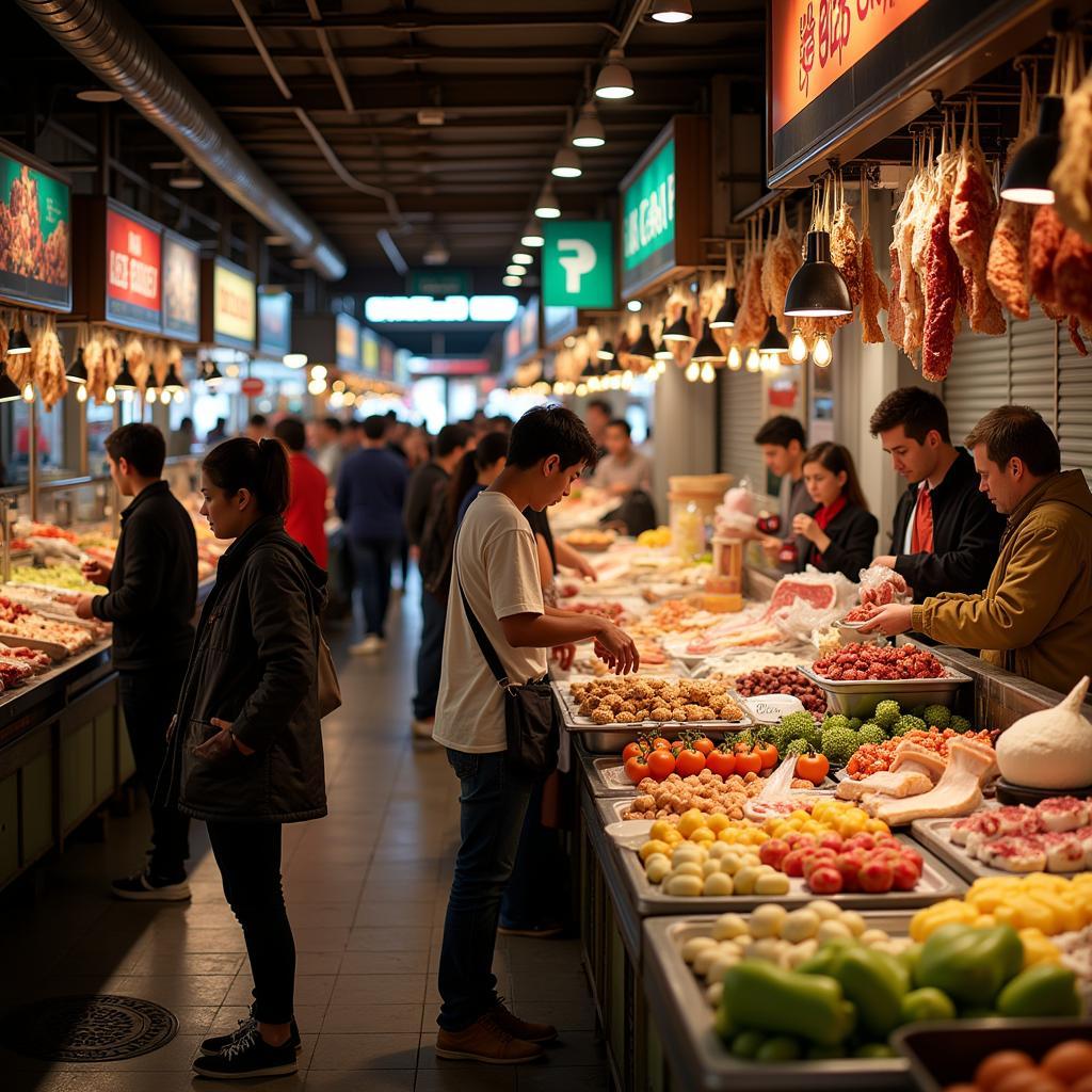 Busy food market with various stalls and customers