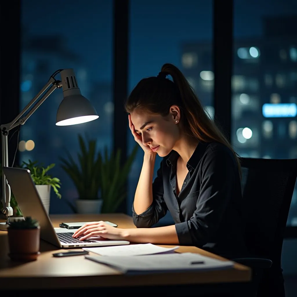 Entrepreneur working late at night in office