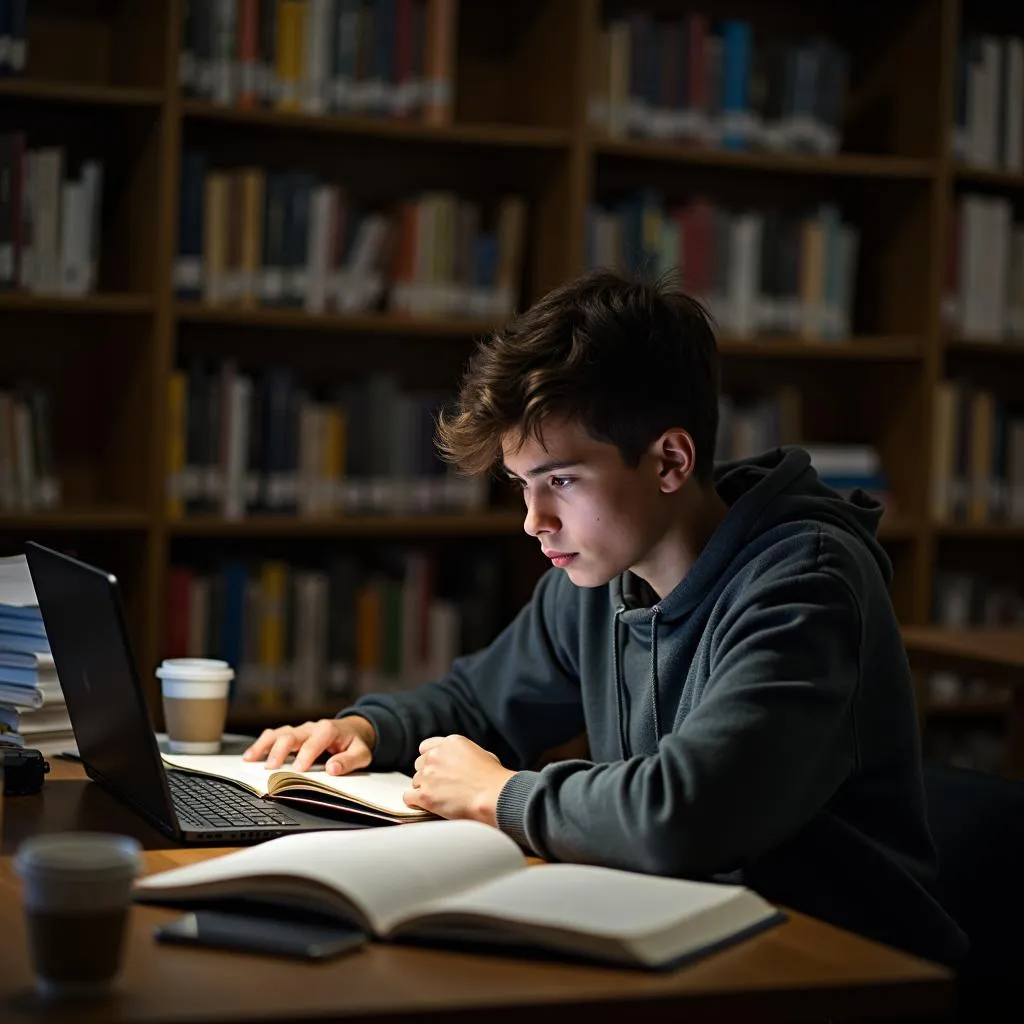 Busy student studying in library