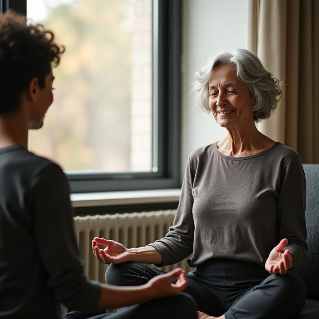 Calm mentor guiding student through meditation