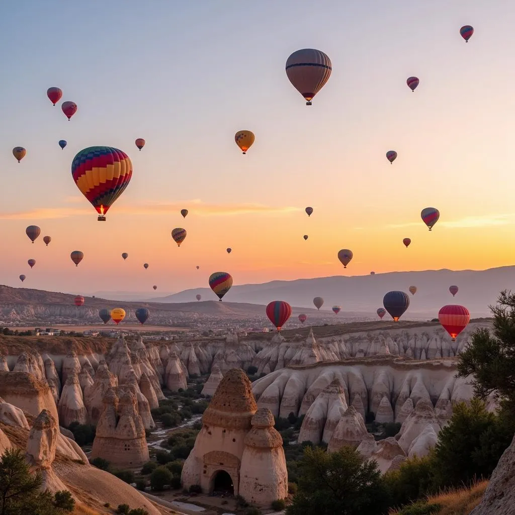 Hot air balloons floating over Cappadocia at sunrise