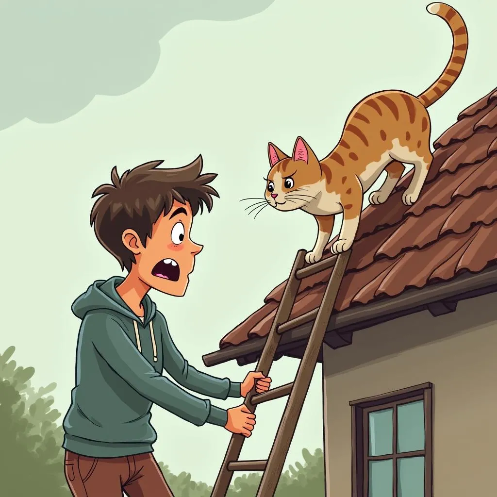 Cat owner rescuing pet from roof