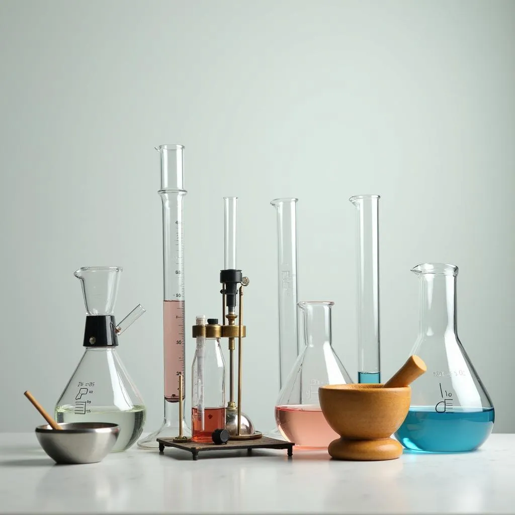 Various chemistry lab equipment on a table