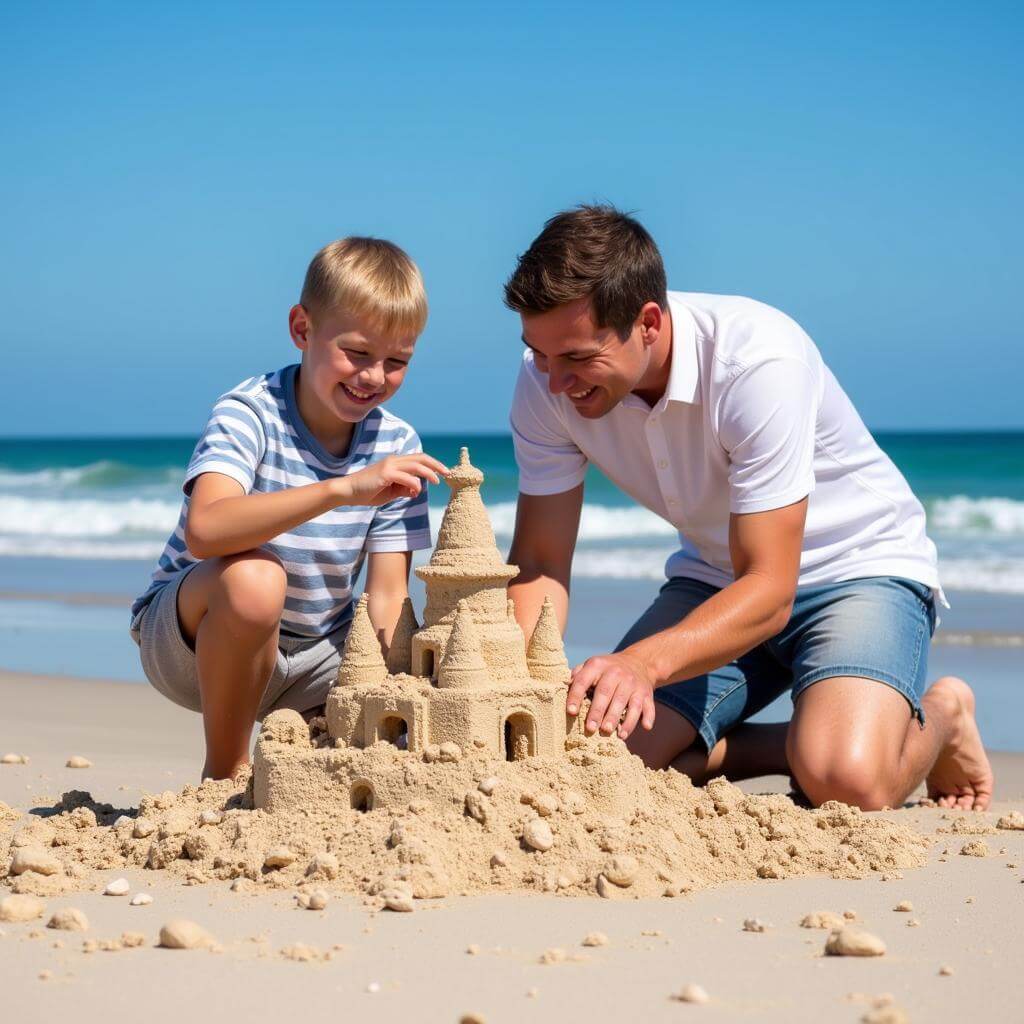 Child and adult building sandcastle on beach