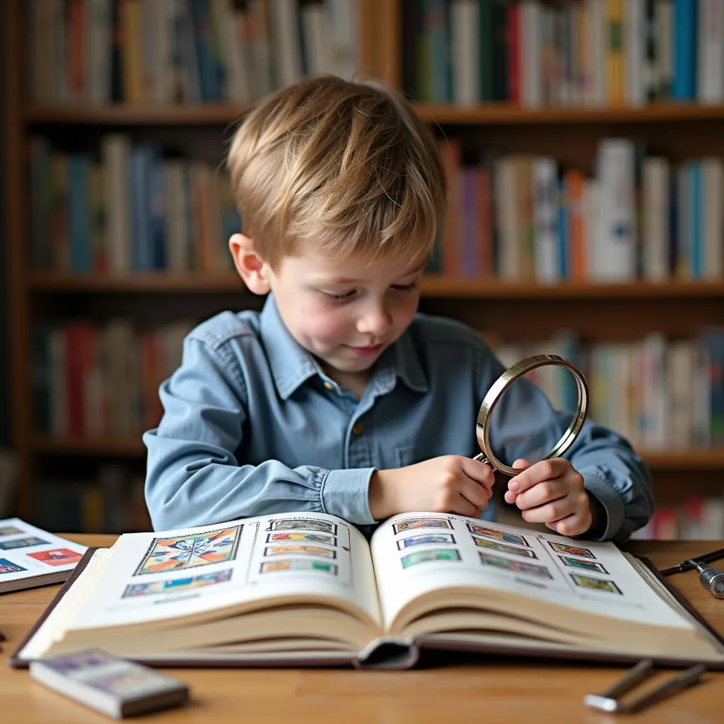 Child collecting stamps as a hobby