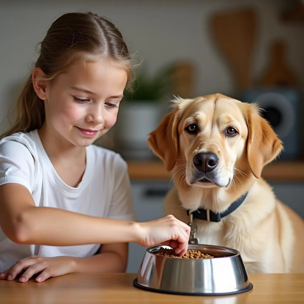 Child learning responsibility through pet care