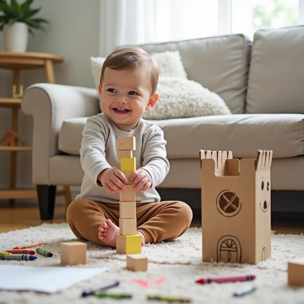 Child playing with simple, inexpensive toys