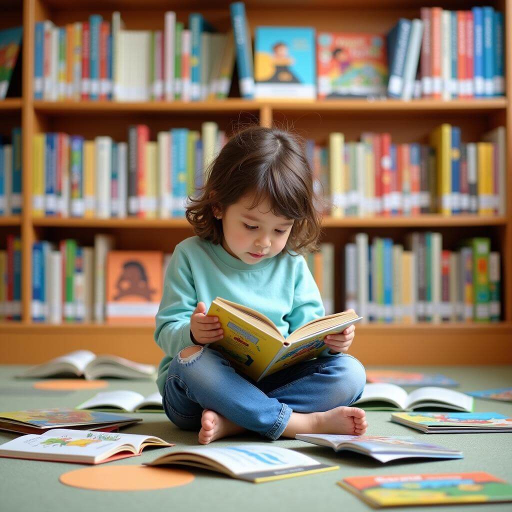 Child reading colorful books in library