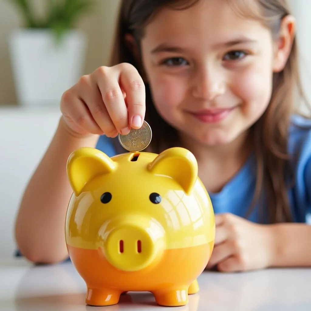 Child putting coins in a piggy bank