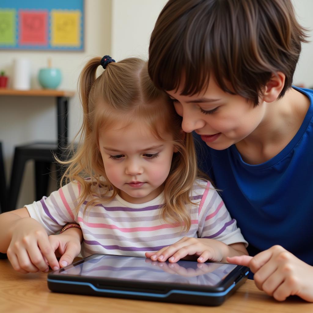 Child using tablet with adult guidance