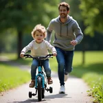 A child learning to ride a bicycle with parent's support