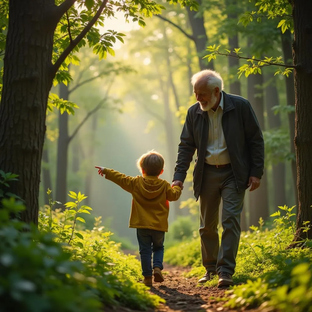 A child exploring a forest with grandfather