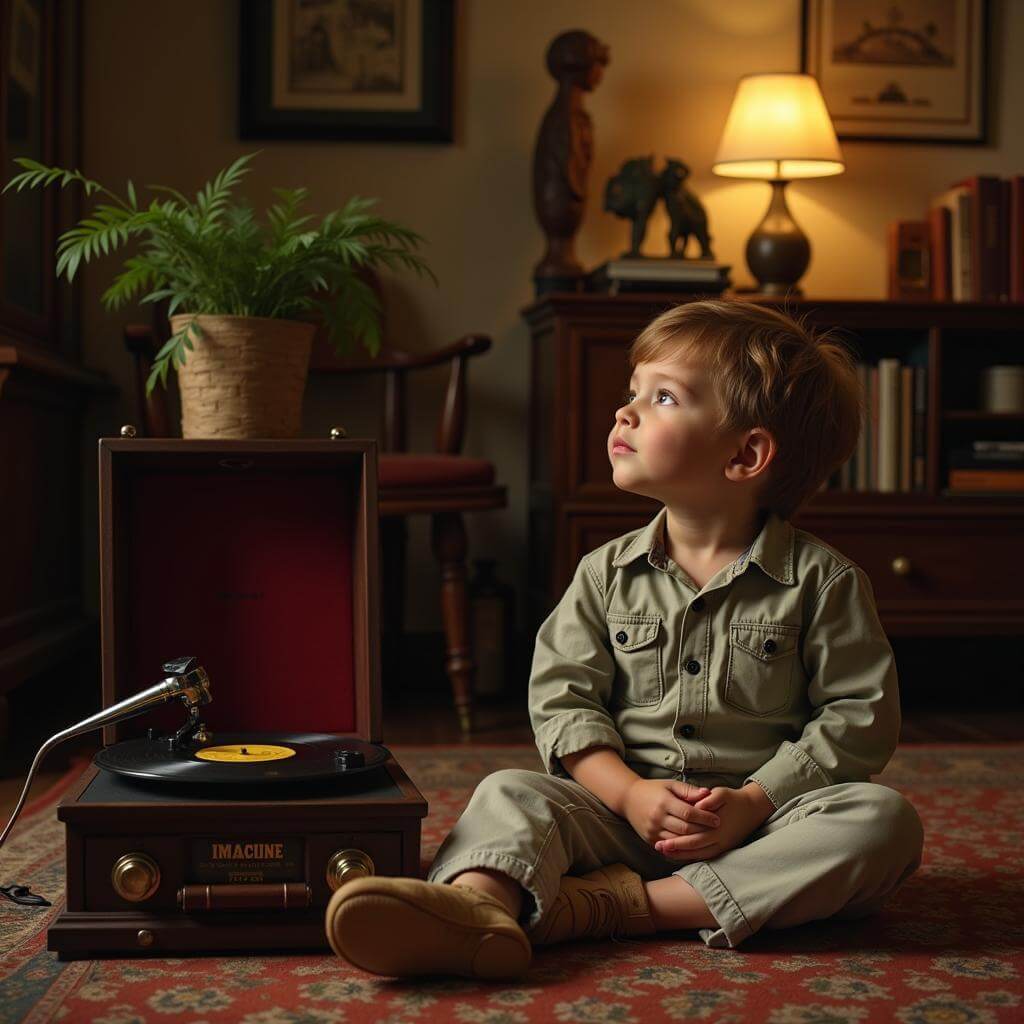 Child listening to "Imagine" on record player